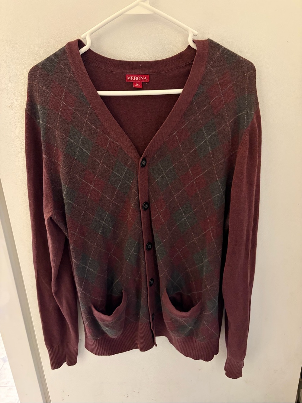 Merona Burgundy Argyle Button Cardigan with Green Accent